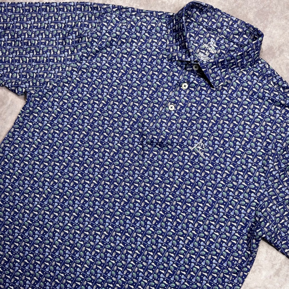 Rhoback Mens Large Lacrosse Print Performance Polo Shirt Navy Blue Short Sleeve
